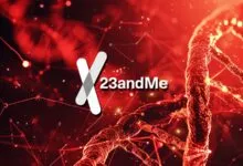 23andMe logo with DNA strand on red background.