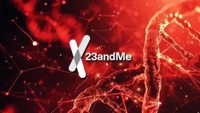 23andMe logo with DNA strand on red background.