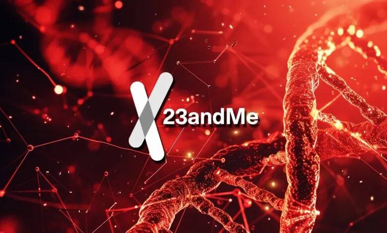 23andMe logo with DNA strand on red background.