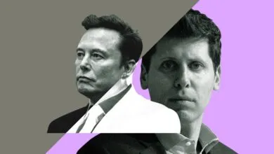 Split image of Elon Musk and Greg Brockman against gray and purple backgrounds.