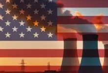 American flag overlayed on smokestacks and power lines, suggesting pollution.