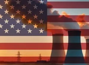 American flag overlayed on smokestacks and power lines, suggesting pollution.