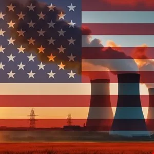 American flag overlayed on smokestacks and power lines, suggesting pollution.