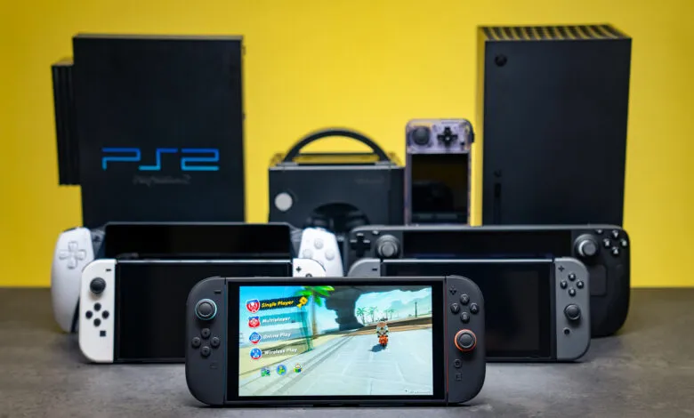 Gaming consoles including Nintendo Switch OLED, Steam Deck, PS2, GameCube, and Xbox Series X.