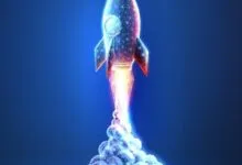 Digital rocket launching with glowing blue lines and orange flames on a blue background.