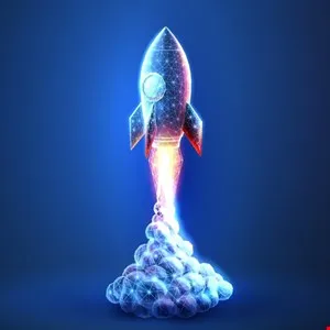 Digital rocket launching with glowing blue lines and orange flames on a blue background.