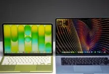 Two open Apple MacBooks, one green and one gray, displaying different wallpapers.