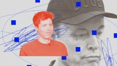 Composite image of Sam Altman and Elon Musk with abstract blue lines and squares.