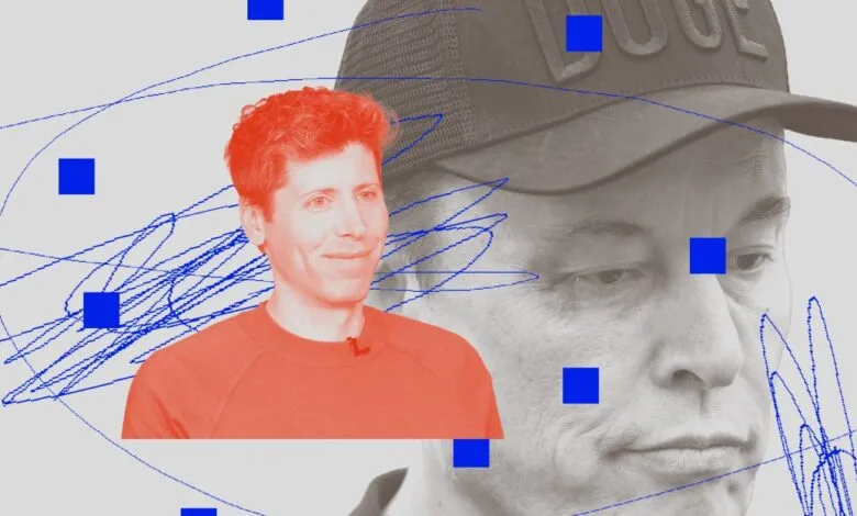 Composite image of Sam Altman and Elon Musk with abstract blue lines and squares.