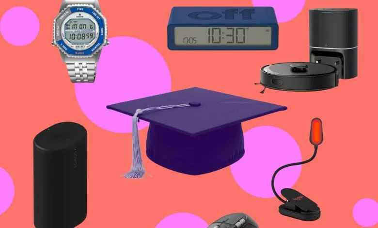 Graduation gift ideas: watch, alarm clock, robot vacuum, speaker, reading light, mouse, cap.
