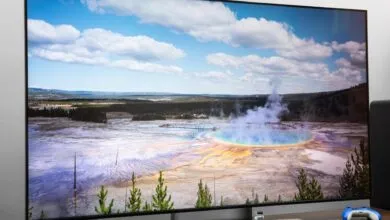 Sony Bravia TV displaying a vibrant landscape with a geyser and blue sky.