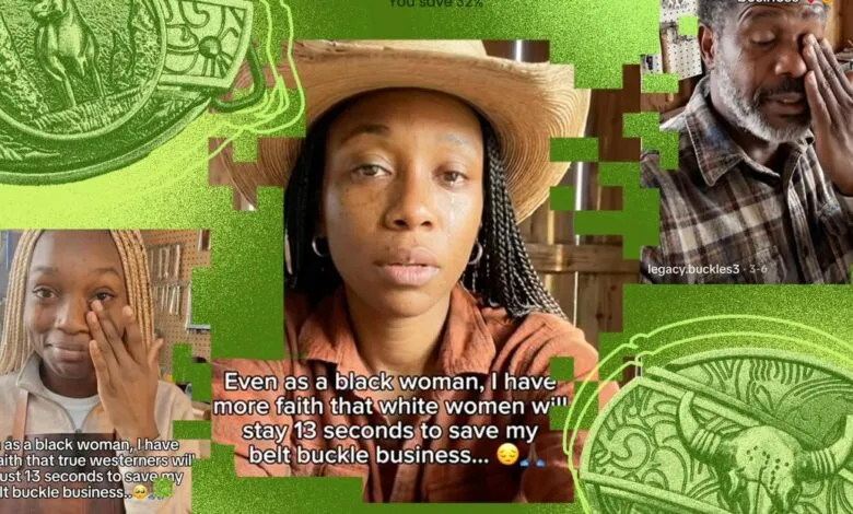 Collage of crying people with text about saving a belt buckle business.
