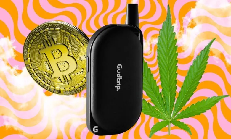 Black Gudtrip vape pen with Bitcoin and cannabis leaf on psychedelic background.