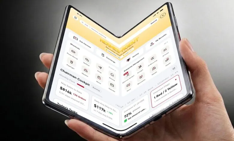 Foldable smartphone displaying a business dashboard in a person's hand.