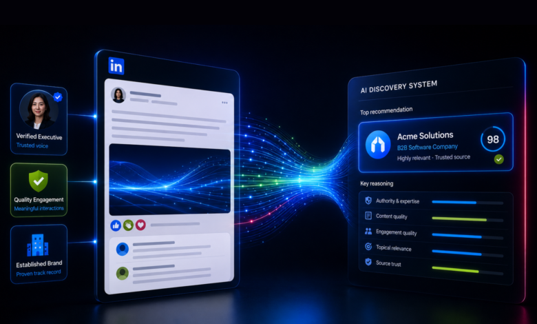LinkedIn AI Discovery System showing verified executive, engagement, and brand features.