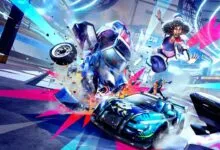 Action-packed scene of cars crashing and characters leaping in a vibrant arena.