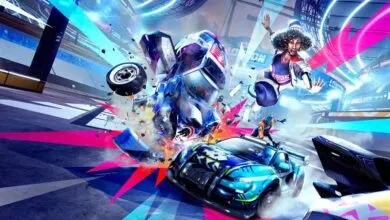 Action-packed scene of cars crashing and characters leaping in a vibrant arena.