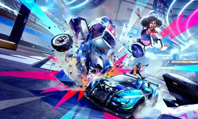 Action-packed scene of cars crashing and characters leaping in a vibrant arena.