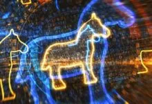 Abstract digital art featuring glowing horse outlines against a binary code background.