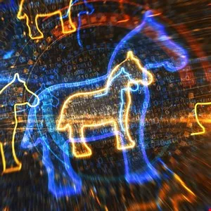 Abstract digital art featuring glowing horse outlines against a binary code background.