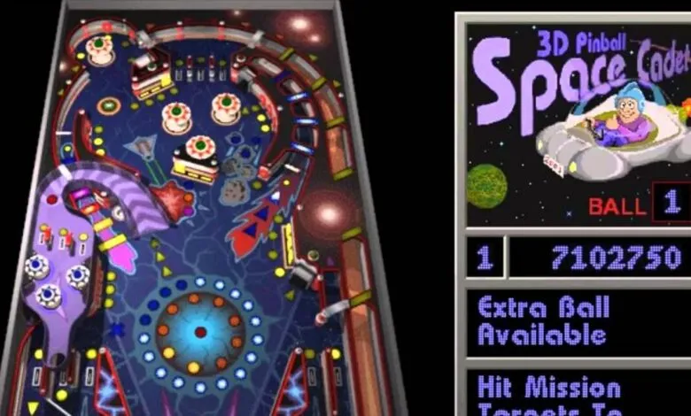 Screenshot of 3D Pinball Space Cadet game with table and score.