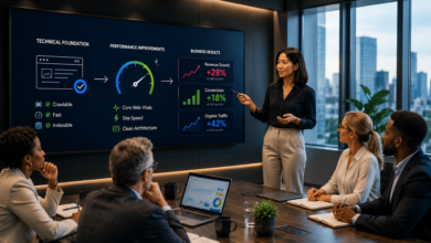 Businesswoman presents SEO performance data to colleagues in a modern conference room.