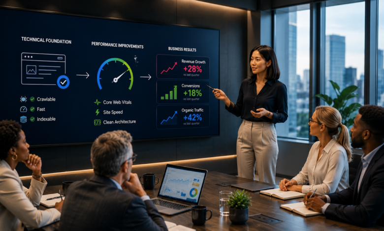 Businesswoman presents SEO performance data to colleagues in a modern conference room.
