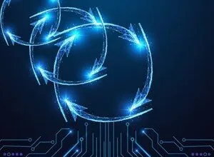 Abstract digital art: blue circuit board with glowing circular arrows above.