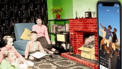 Retro living room scene with family and modern Instagram reel on phone.