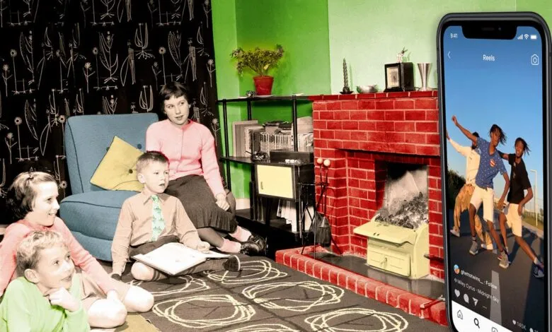 Retro living room scene with family and modern Instagram reel on phone.