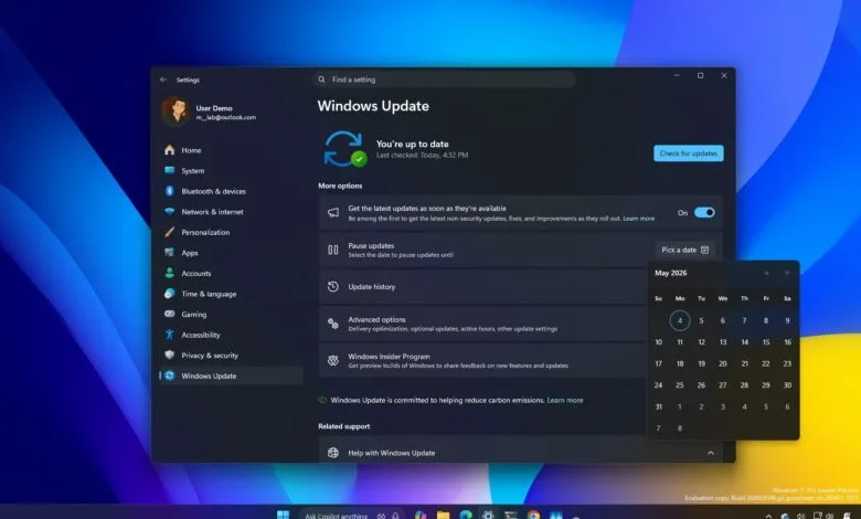 Windows 11 settings showing Windows Update is up to date with pause updates option.