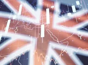 Candlestick chart overlayed on a blurred Union Jack flag, representing UK market analysis.