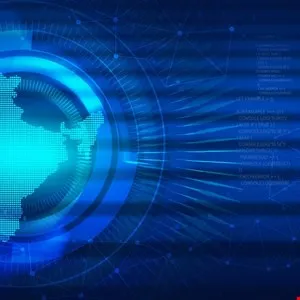 Abstract blue digital background with globe and code elements.