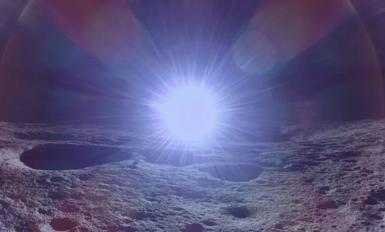 Lunar surface with craters illuminated by a bright, central light source.
