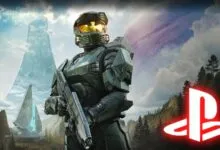 Master Chief stands ready in Halo Infinite landscape with a PlayStation logo.