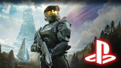 Master Chief stands ready in Halo Infinite landscape with a PlayStation logo.
