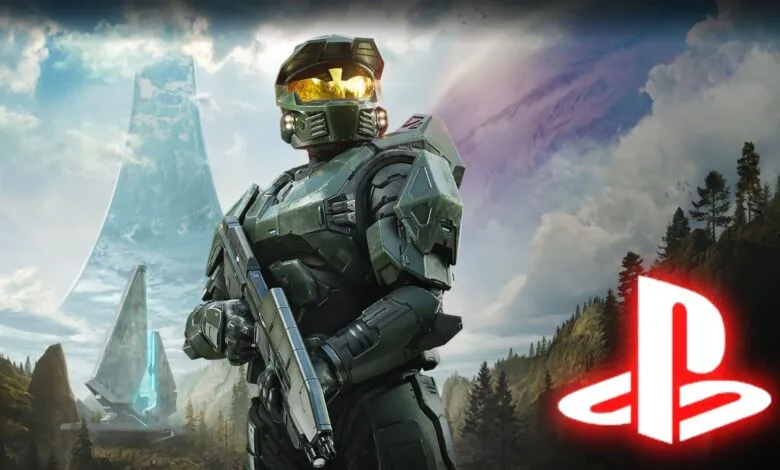 Master Chief stands ready in Halo Infinite landscape with a PlayStation logo.