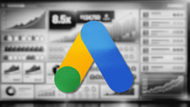 Google Ads logo over a blurred dashboard with charts and data.