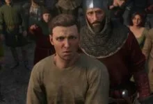 Man in medieval clothing with worried expression, knight behind him.