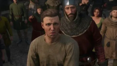 Man in medieval clothing with worried expression, knight behind him.
