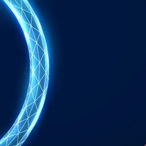 Abstract glowing blue ring with geometric pattern against a dark blue background.