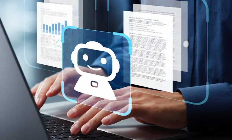 AI chatbot generates reports on laptop screen, enhancing business productivity.