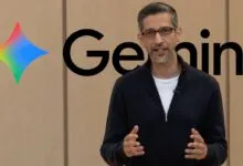 Sundar Pichai presenting Gemini AI with logo and text.