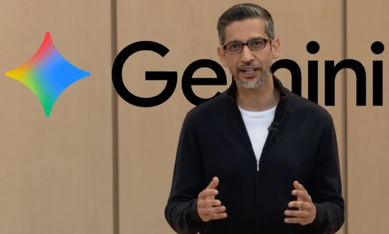Sundar Pichai presenting Gemini AI with logo and text.