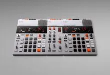 Teenage Engineering OP-KO II samplers and Sidekick mixer on gray background.