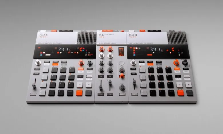 Teenage Engineering OP-KO II samplers and Sidekick mixer on gray background.