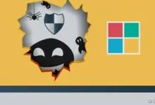 Computer screen with a hole showing security threats like a hacker, spider, and ghosts.