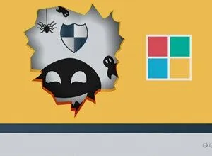 Computer screen with a hole showing security threats like a hacker, spider, and ghosts.