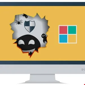 Computer screen with a hole showing security threats like a hacker, spider, and ghosts.