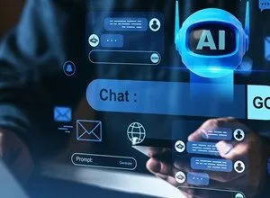 Person using laptop with AI chatbot interface overlayed on screen.